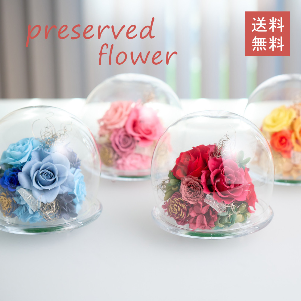 丸いガラスドームに入ったプリザーブドフラワーアレンジ（全４色）